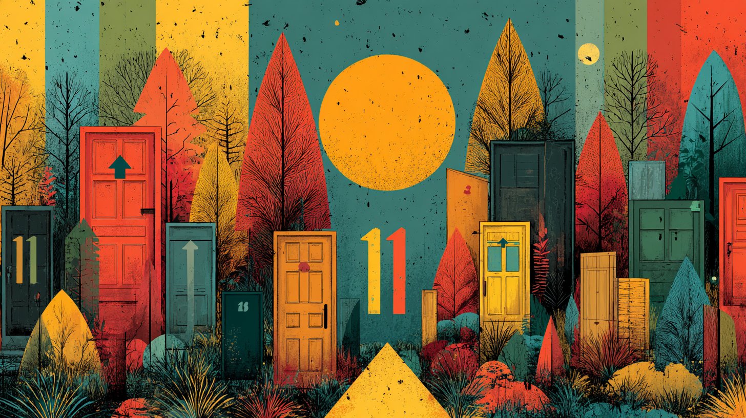 Eine kreative Darstellung der Zahl 11 umgeben von motivierenden Symbolen.