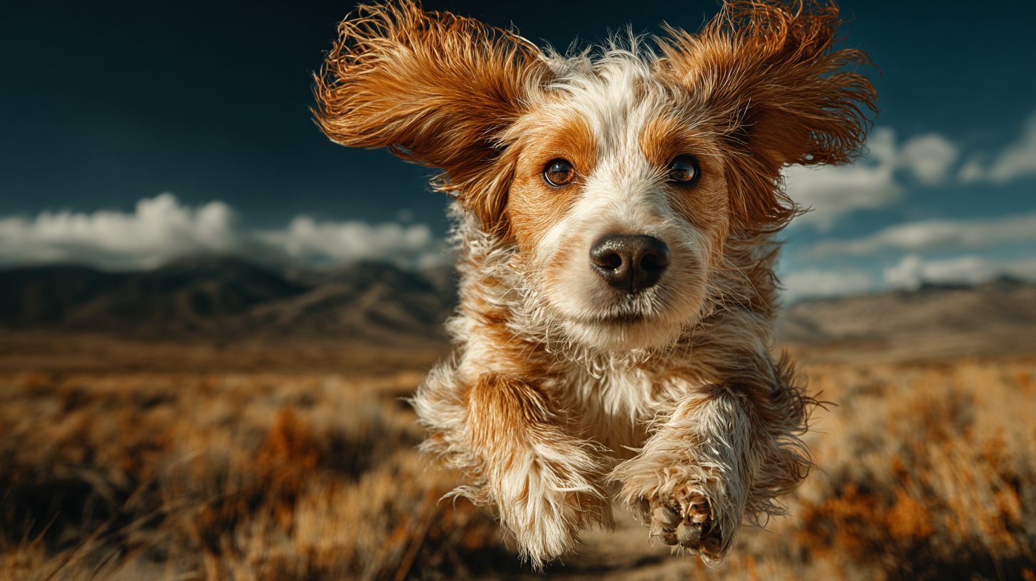 Ein abenteuerlustiger Widder-Hund springt fröhlich durch die Natur.