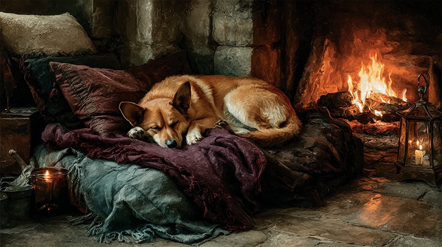 Ein treuer Stier-Hund schlüpft gemütlich vor dem Kamin.