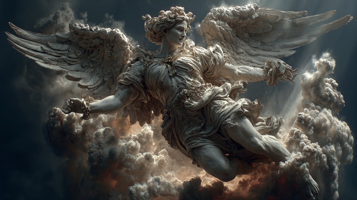 Una figura angelica mistica che simboleggia protezione e guida.