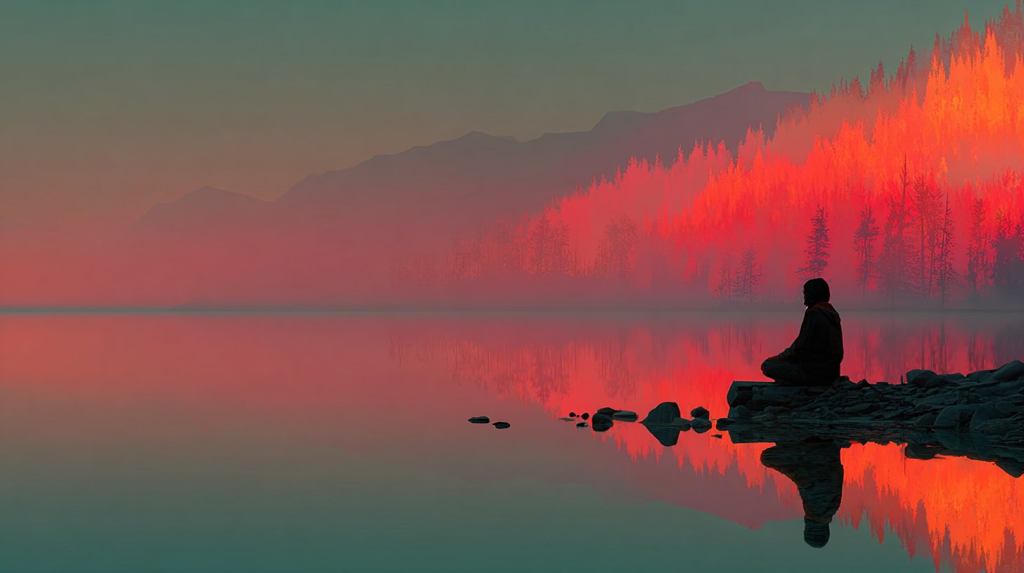 Una scena serena di una persona che medita vicino a un lago.