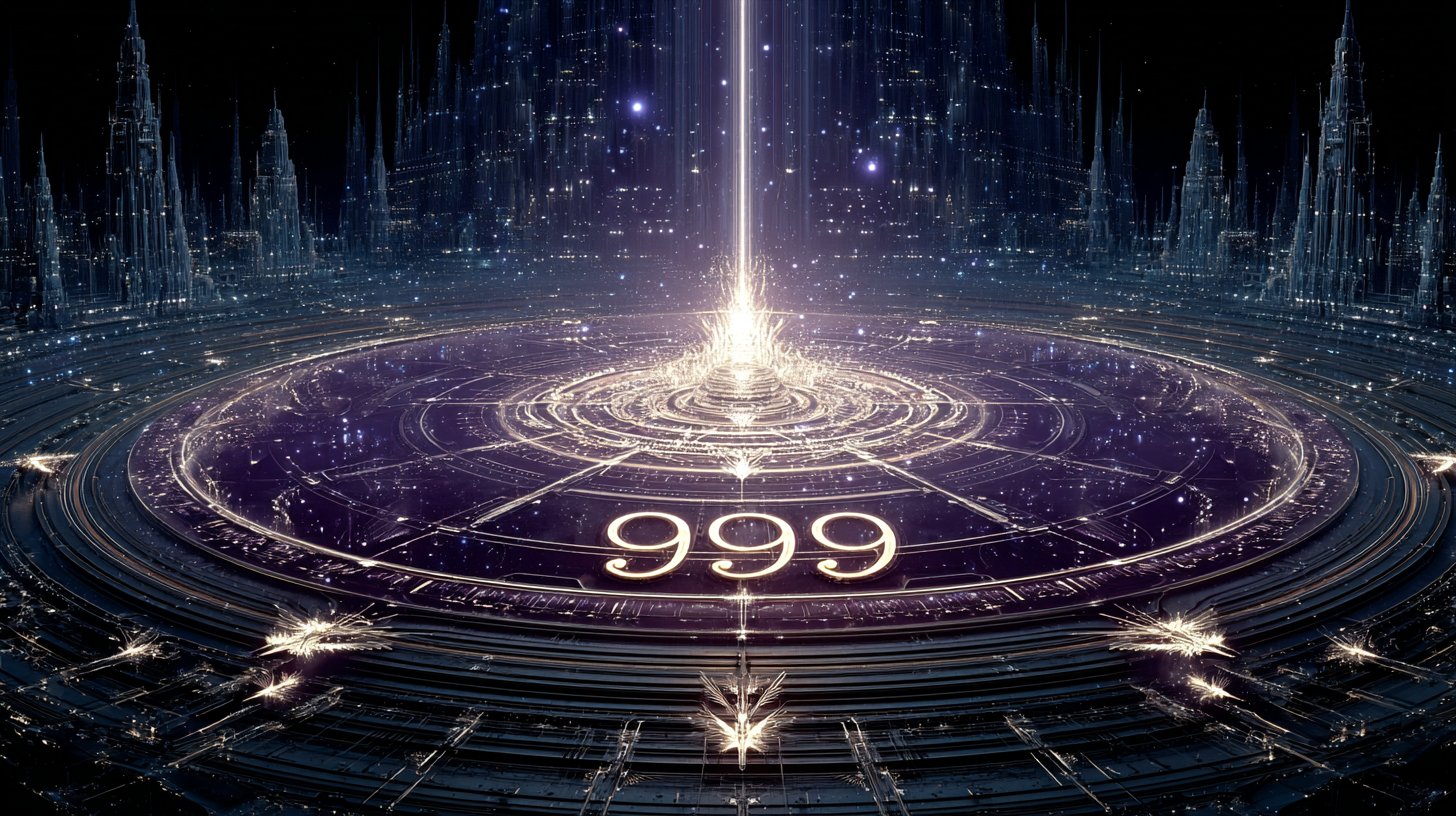 Représentation numérique du numéro 999 entouré d'énergie cosmique.