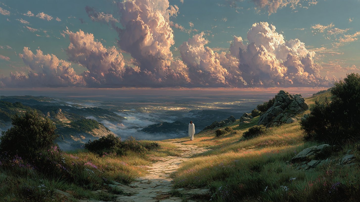 Paysage serein avec un ange guide illuminant un chemin.