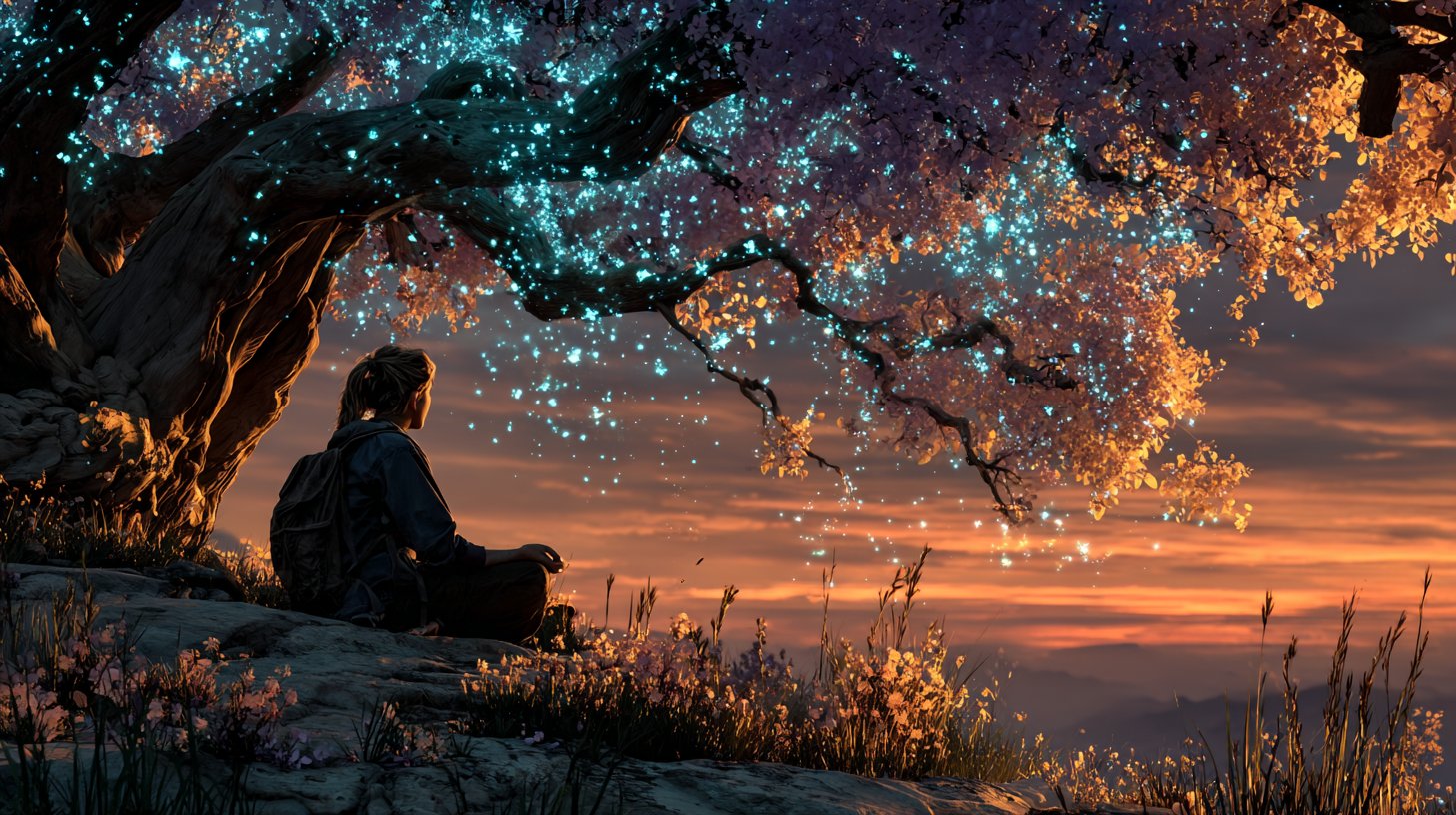 Scène tranquille d'une personne méditant sous un arbre.