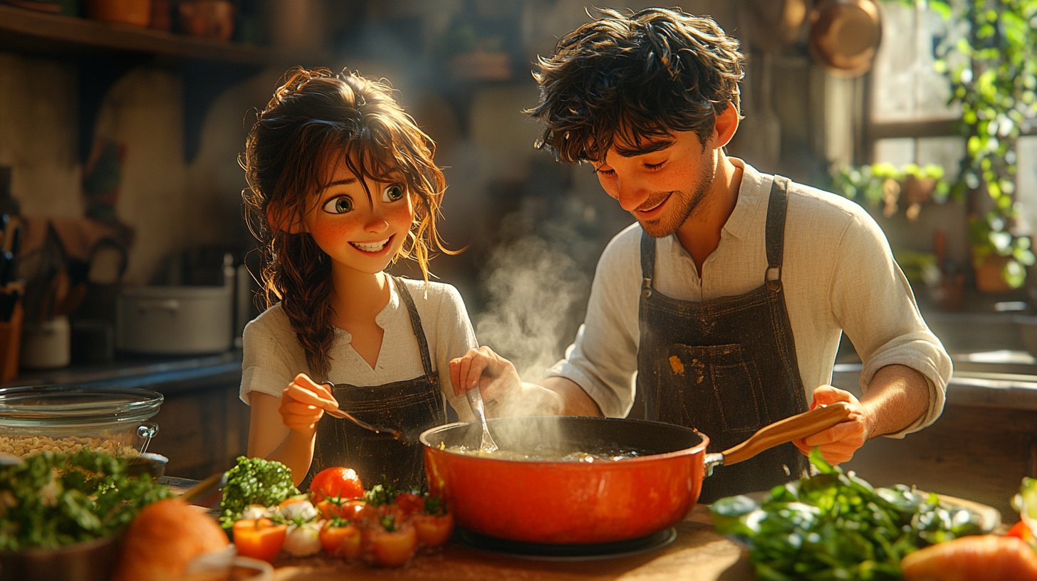 Eine gemütliche Küchenszene mit einem Paar, das zusammen kocht.