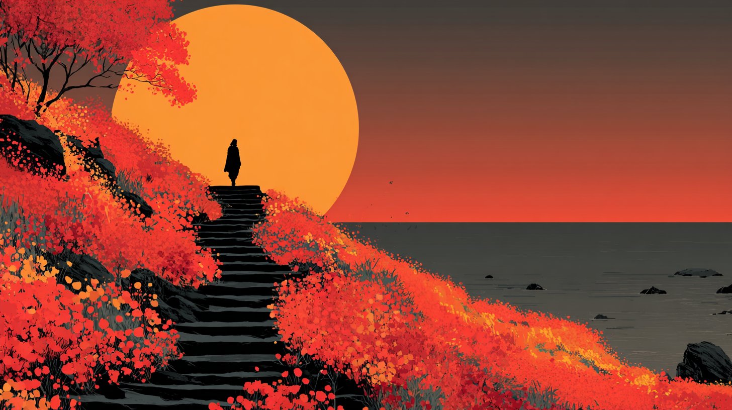 Ein Weg der Transformation unter blühenden Blumen und der aufgehenden Sonne.