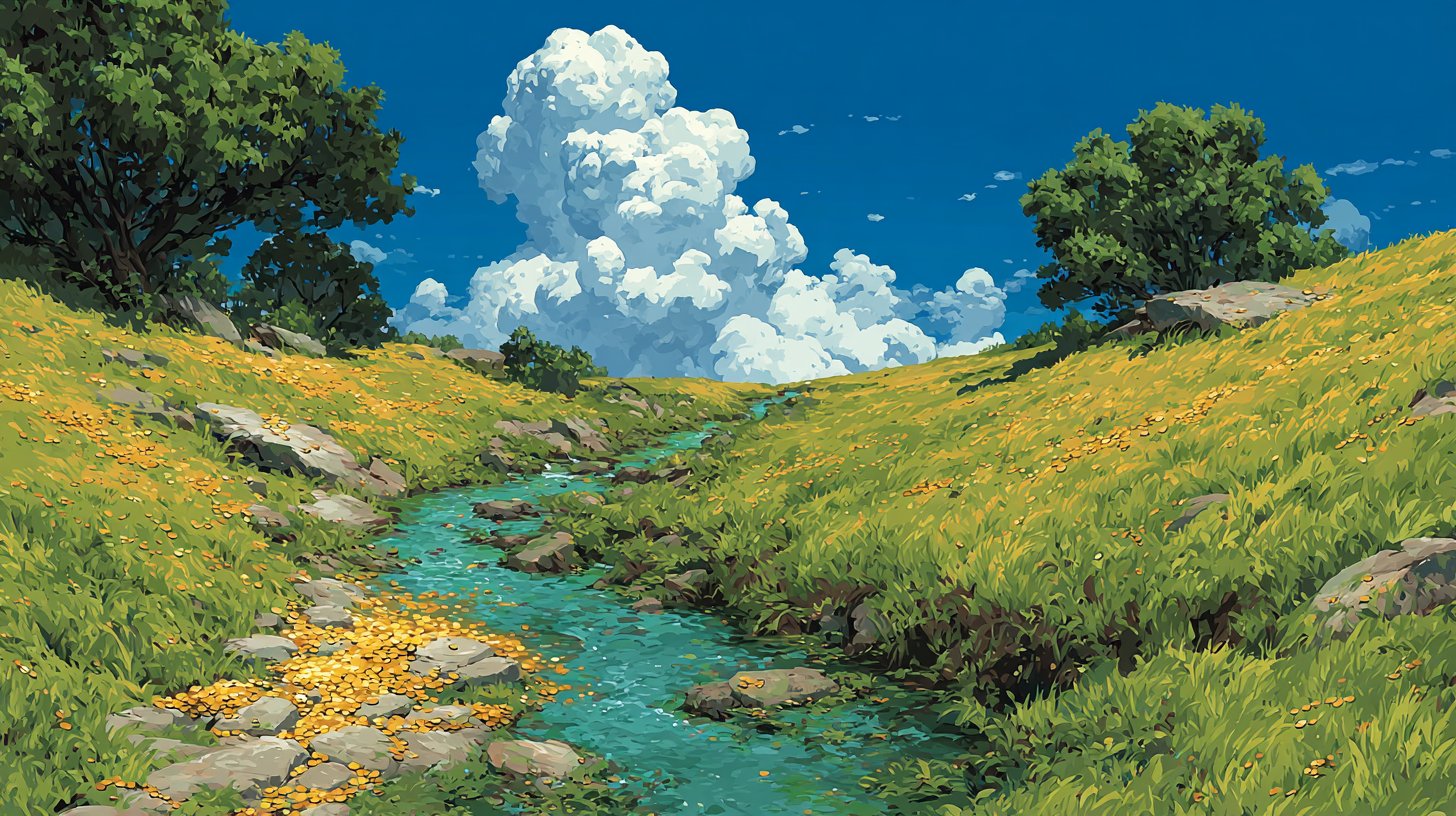 Fließendes Geld und goldene Münzen in üppigem Grün für finanziellen Wohlstand.