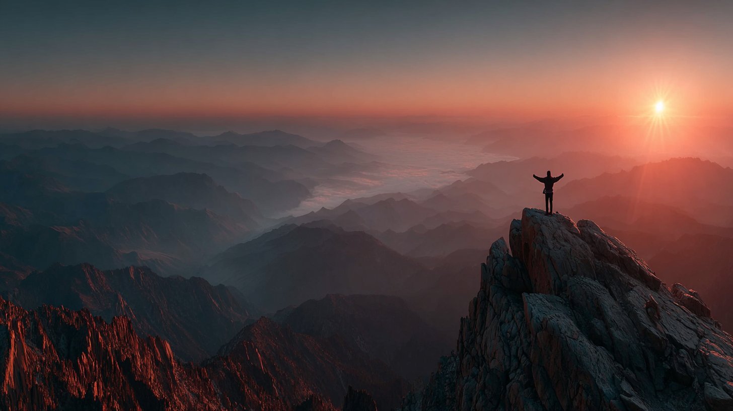 Jemand steht selbstbewusst auf einem Berggipfel, den Sonnenaufgang betrachtend.