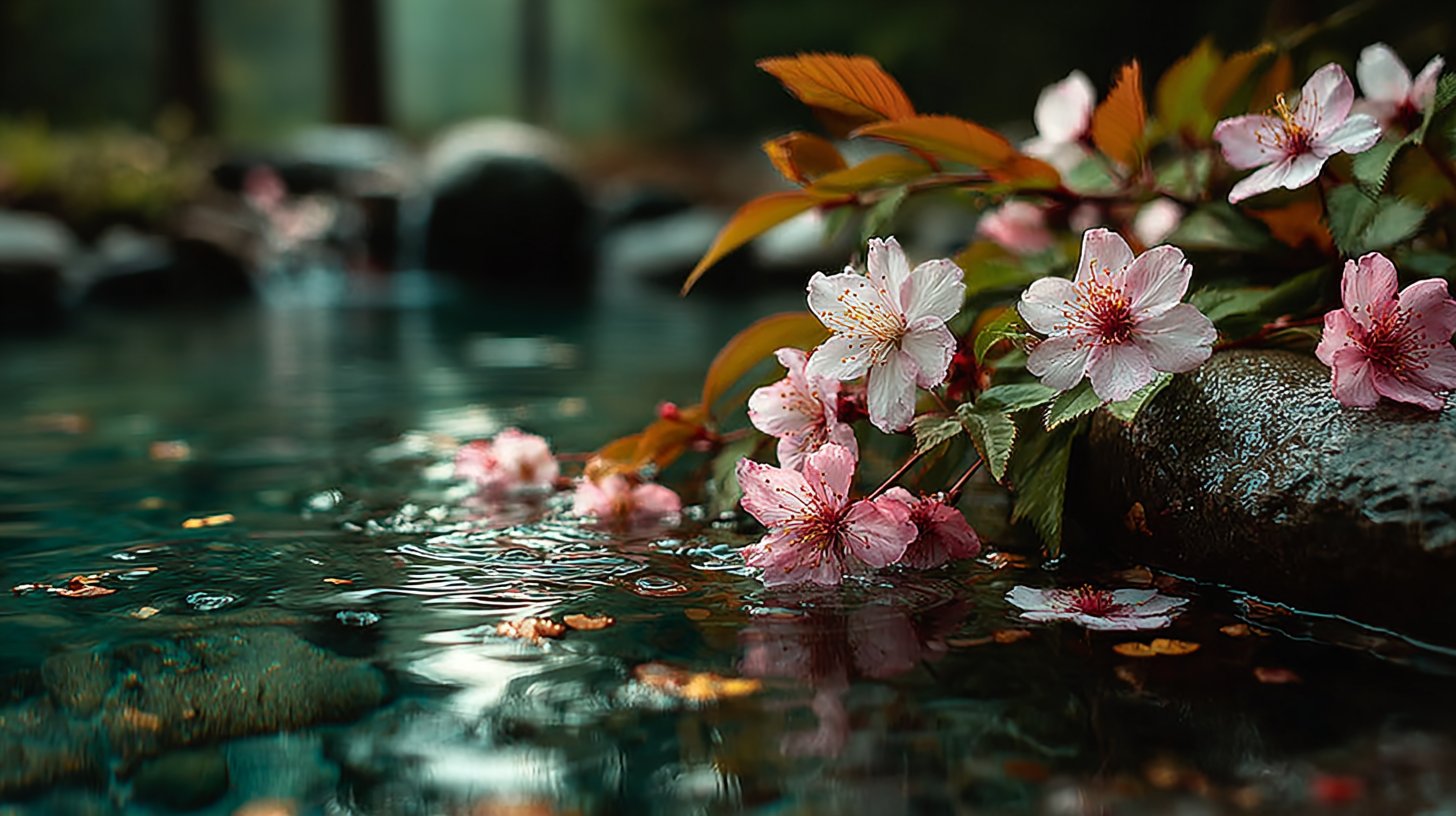 Un espace tranquille avec de l'eau qui coule et des fleurs en fleurs pour la croissance personnelle.