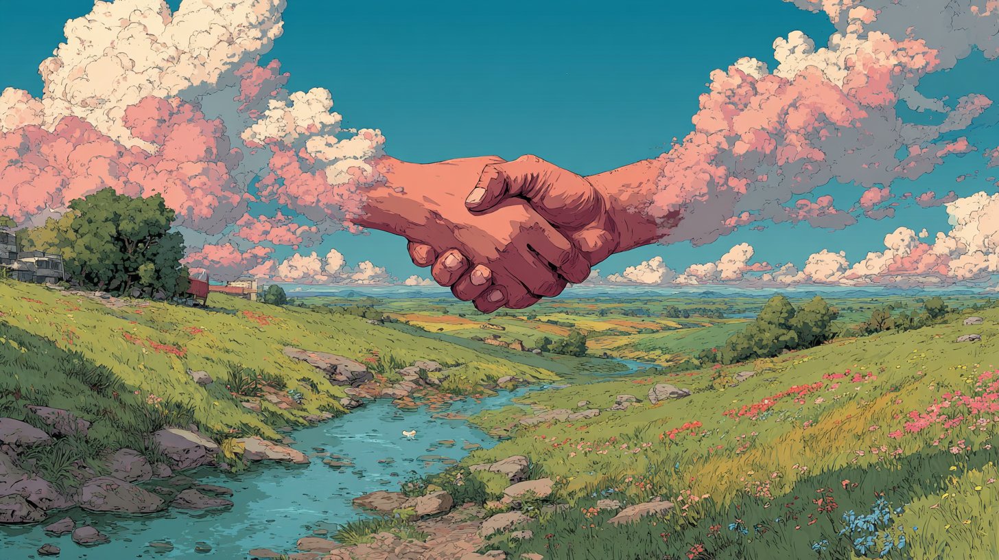 Un'illustrazione di due mani che si stringono su un paesaggio pacifico.