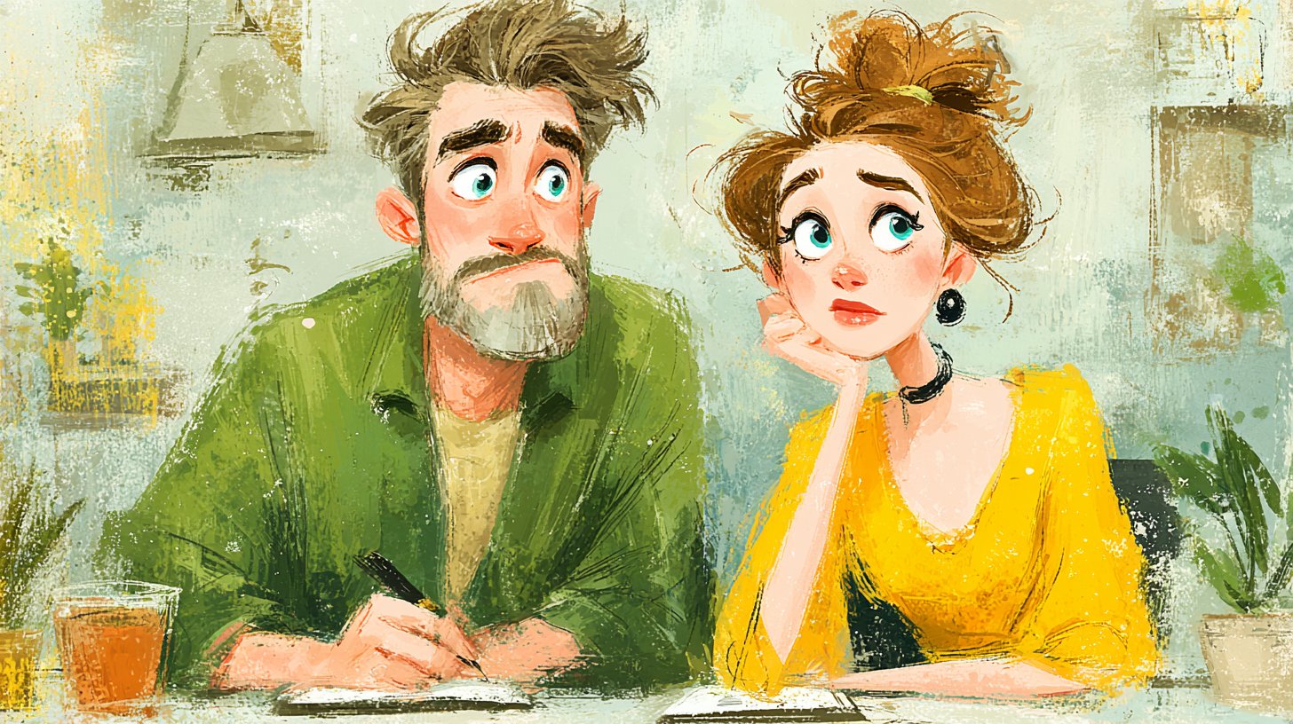 Una coppia pensierosa che fa brainstorming di idee insieme a un tavolo.