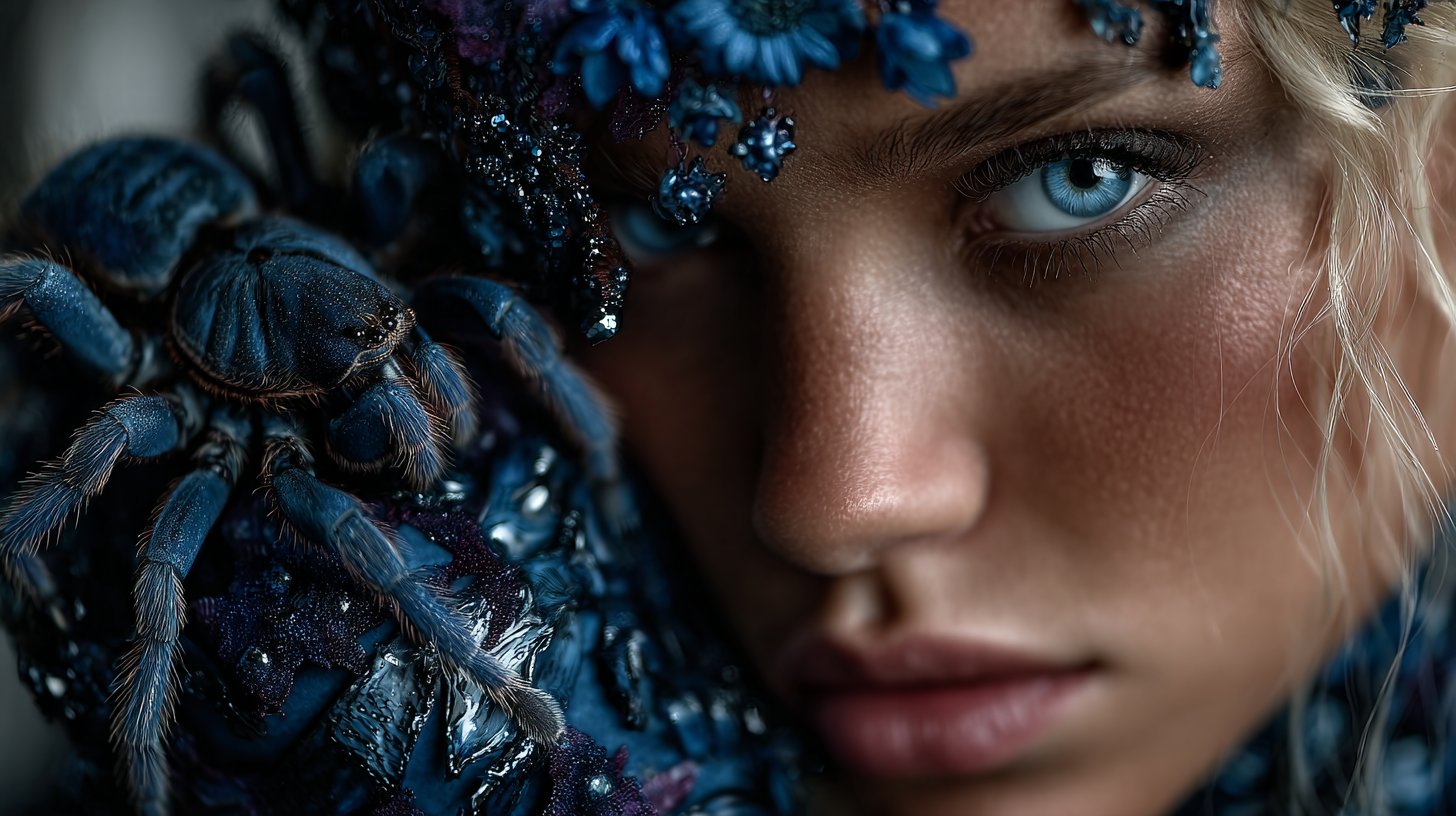 Uno Scorpione misterioso avvolto in blu profondi, incarnando intensità e ombre.