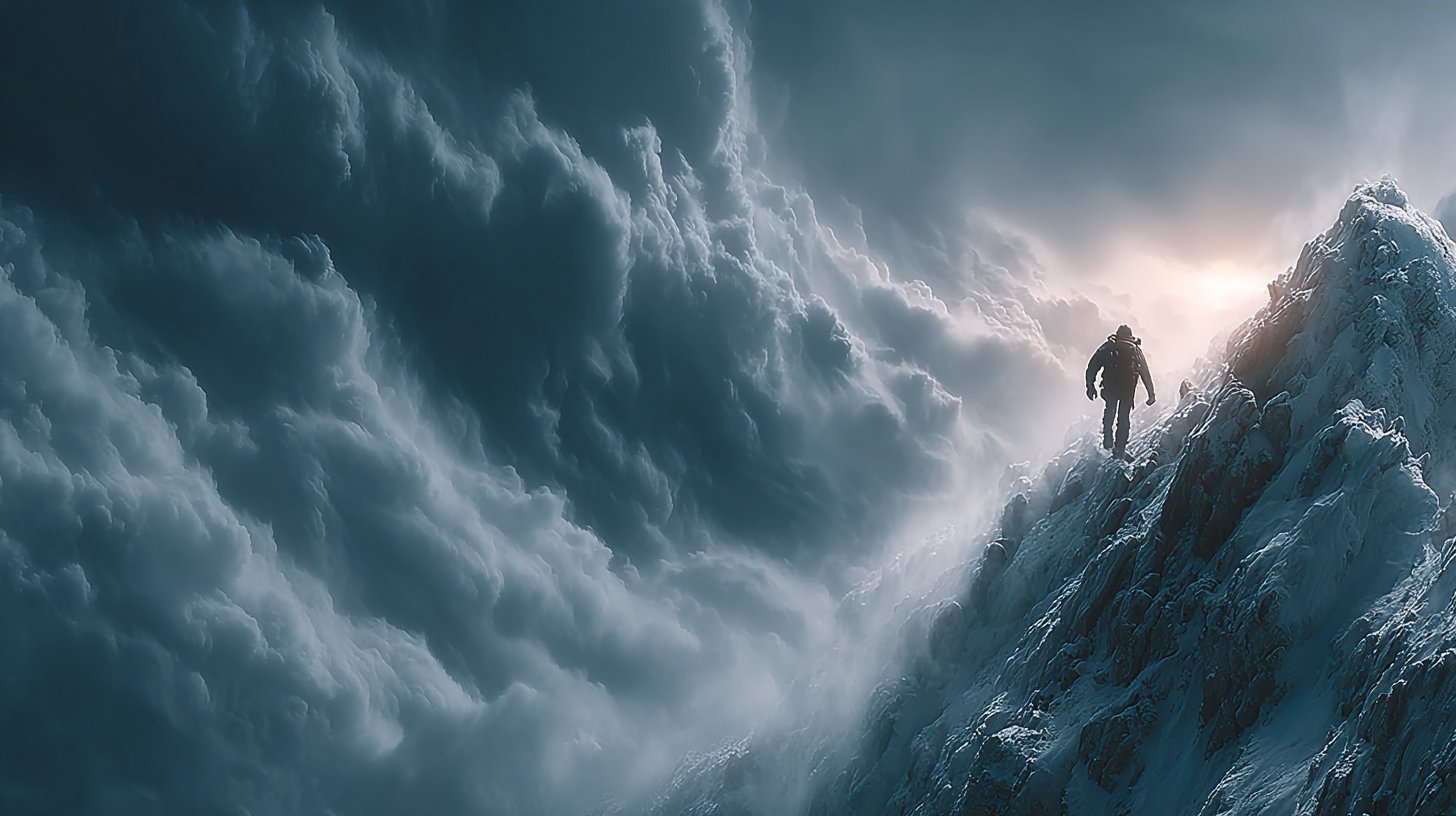 Eine Person erklimmt einen steilen Berg im Sturm, was Ausdauer in schweren Zeiten darstellt.