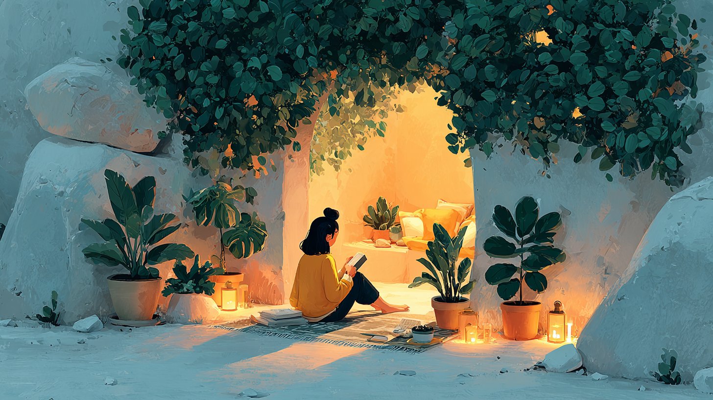 Eine ruhige Szene einer Person, die Selbstfürsorge praktiziert, umgeben von Pflanzen.