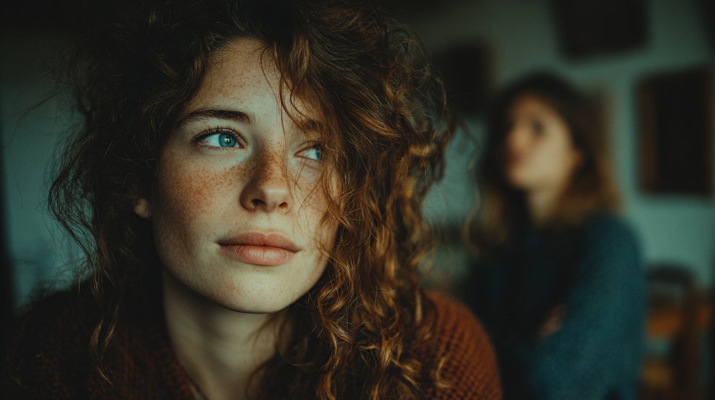 Two friends stand apart, one hopeful, the other unaware.