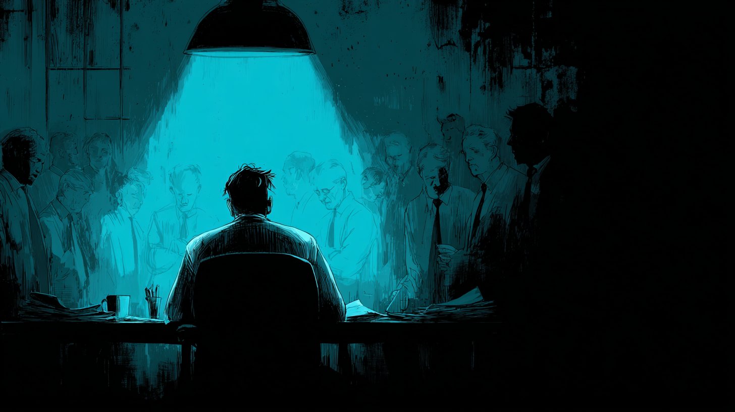 A person sits alone at a desk, ignored by colleagues.