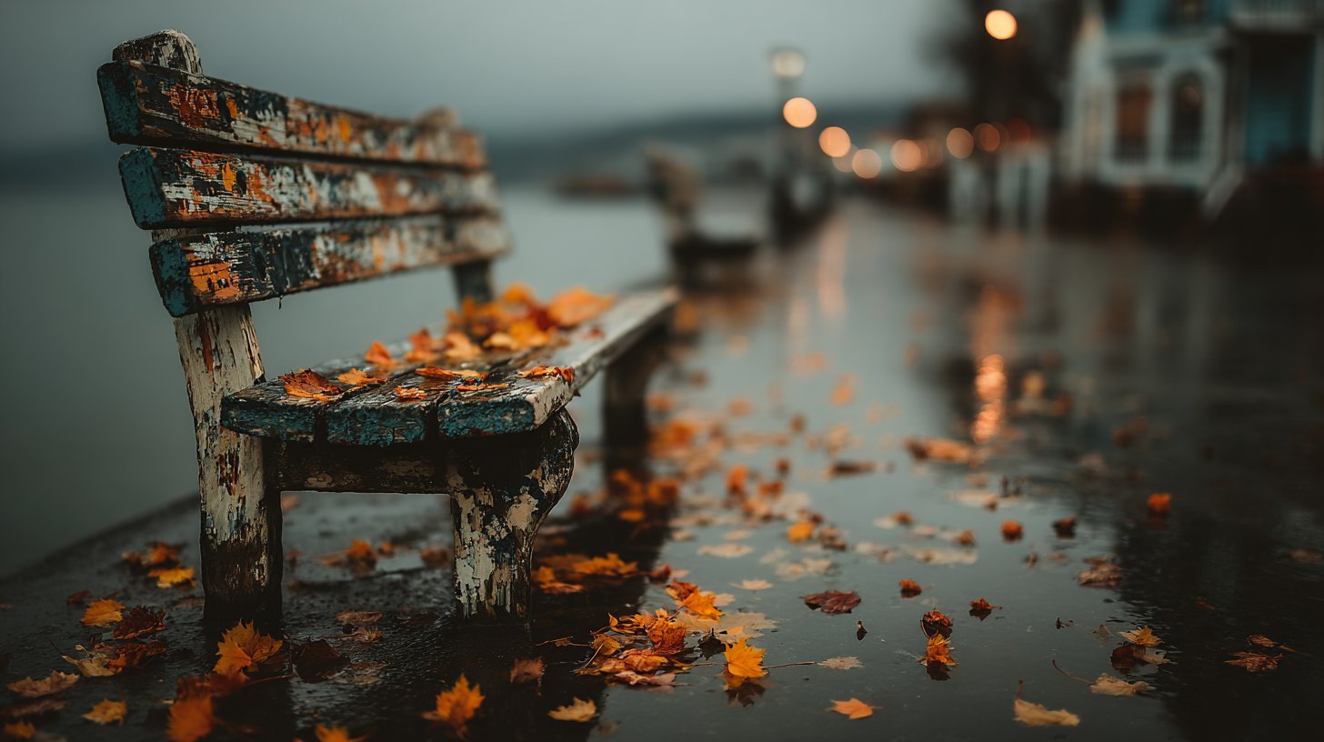 An empty park bench under a gray sky symbolizes isolation and neglect.