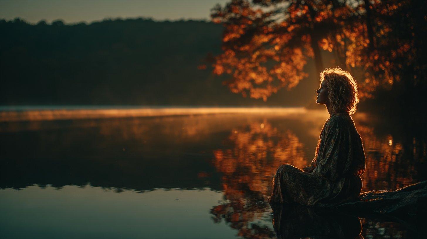 Ein Mensch reflektiert am ruhigen See, strahlt innere Ruhe aus.