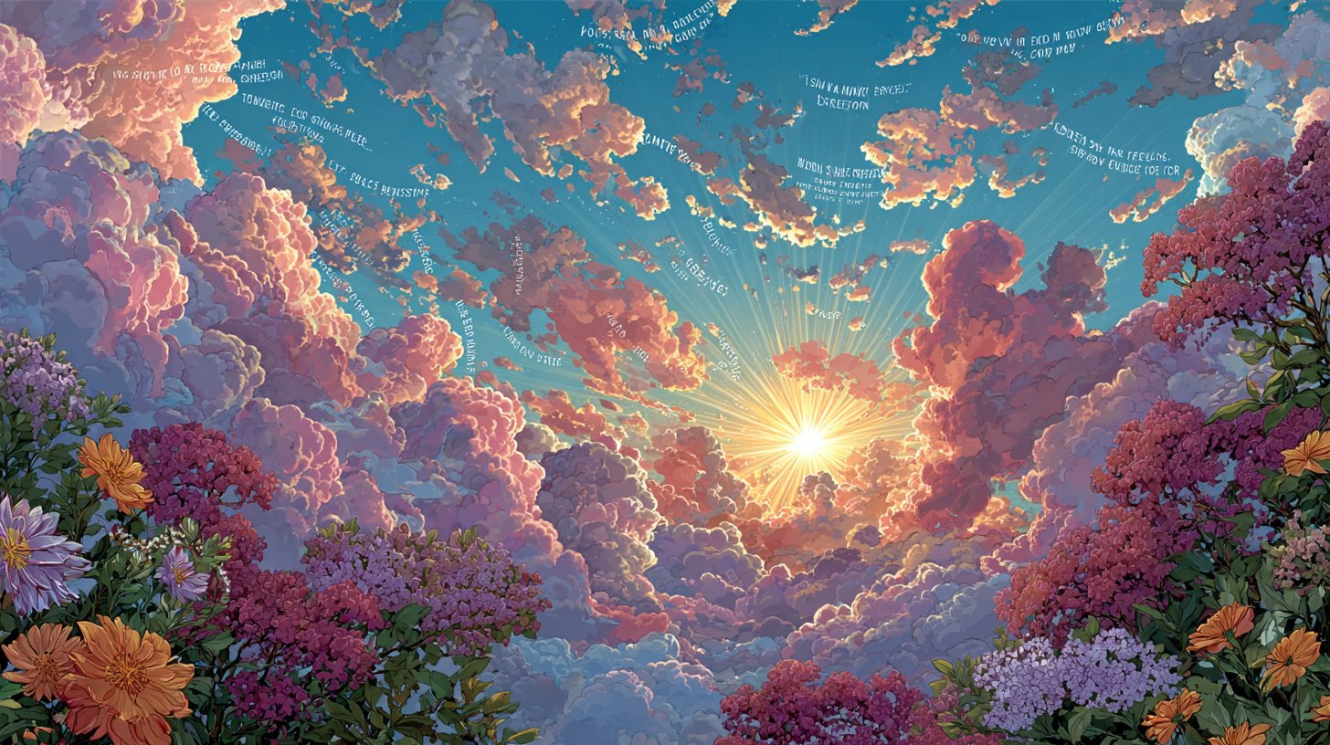 Ein Sonnenaufgang mit positiven Affirmationen in den Wolken, voller Hoffnung.
