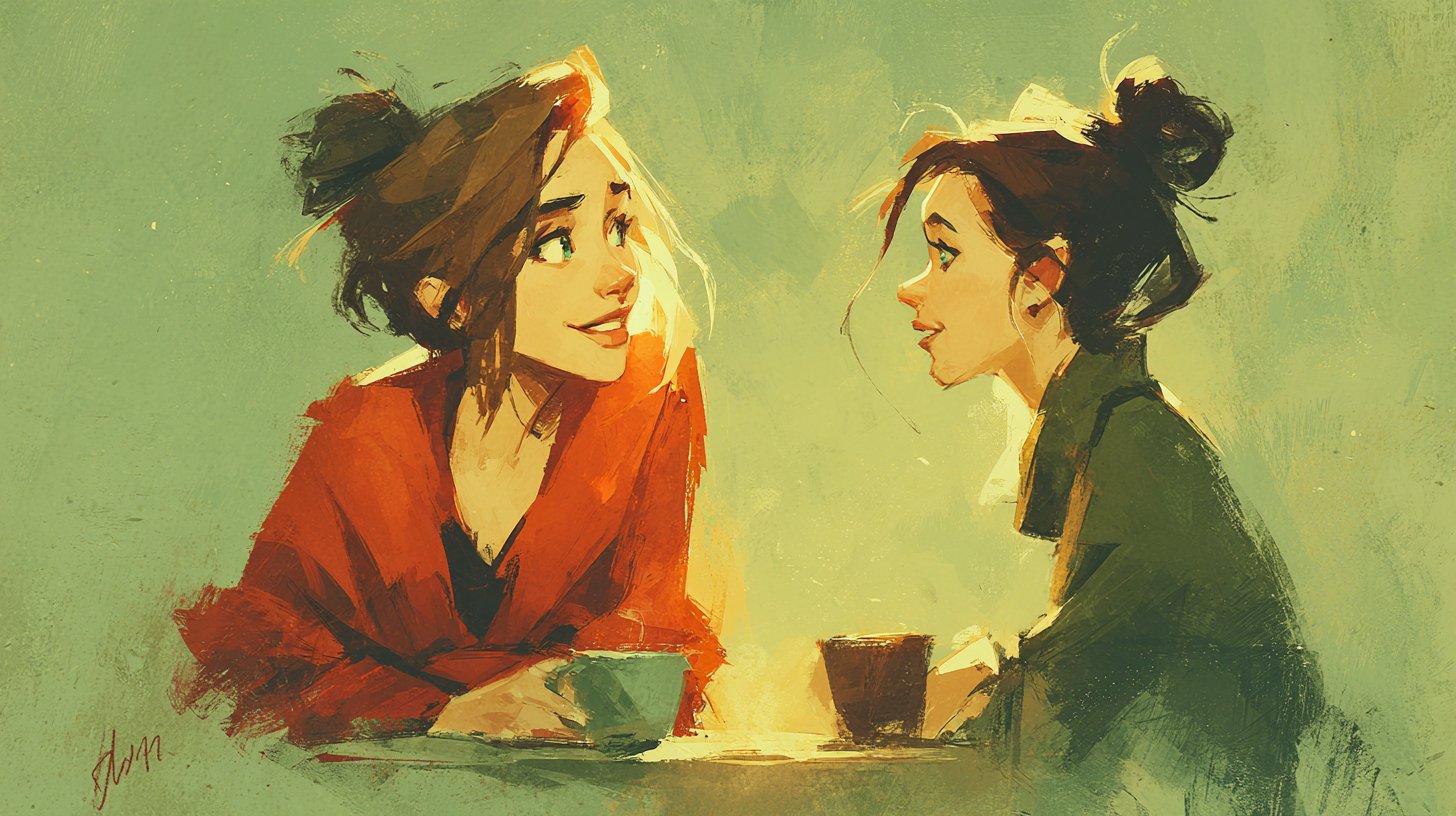 Zwei Freunde im tiefen Gespräch, umgeben von sanftem Licht.