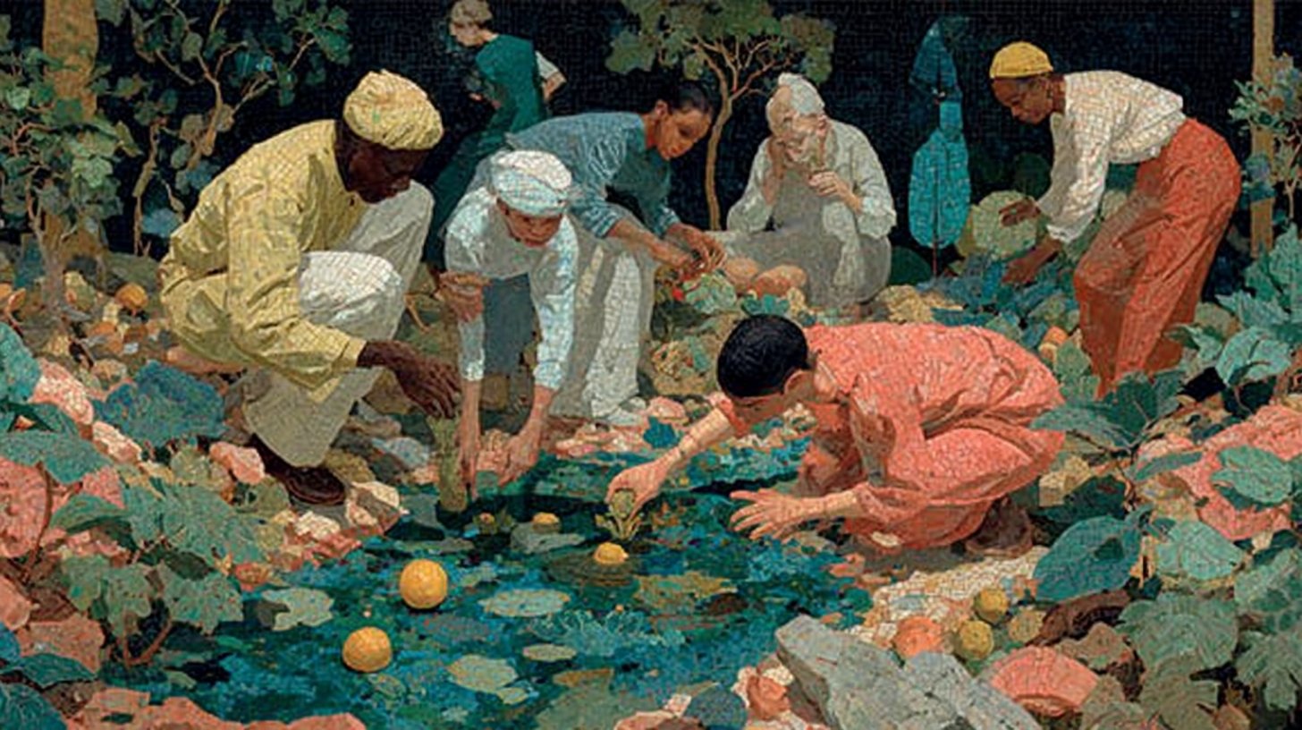 Eine friedliche Szene von Menschen, die ein buntes Mosaik erschaffen.