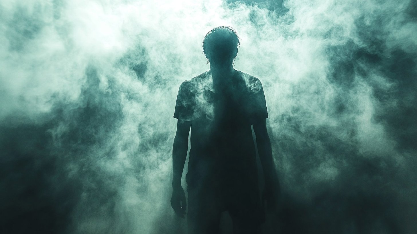 Une image troublante d'une personne entourée d'ombres et de culpabilité.