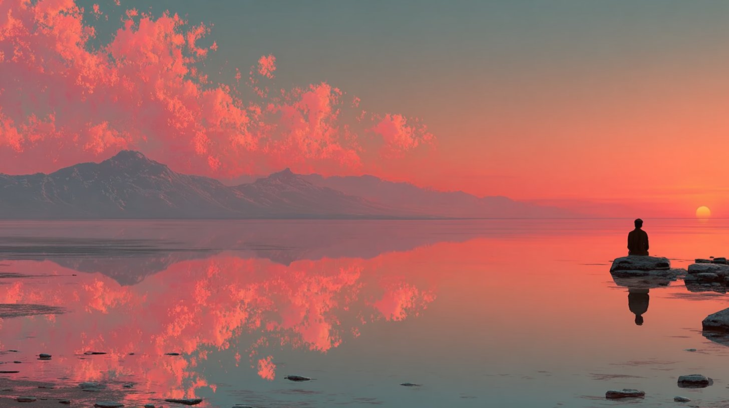 Selbstreflexion am ruhigen See bei Sonnenuntergang.