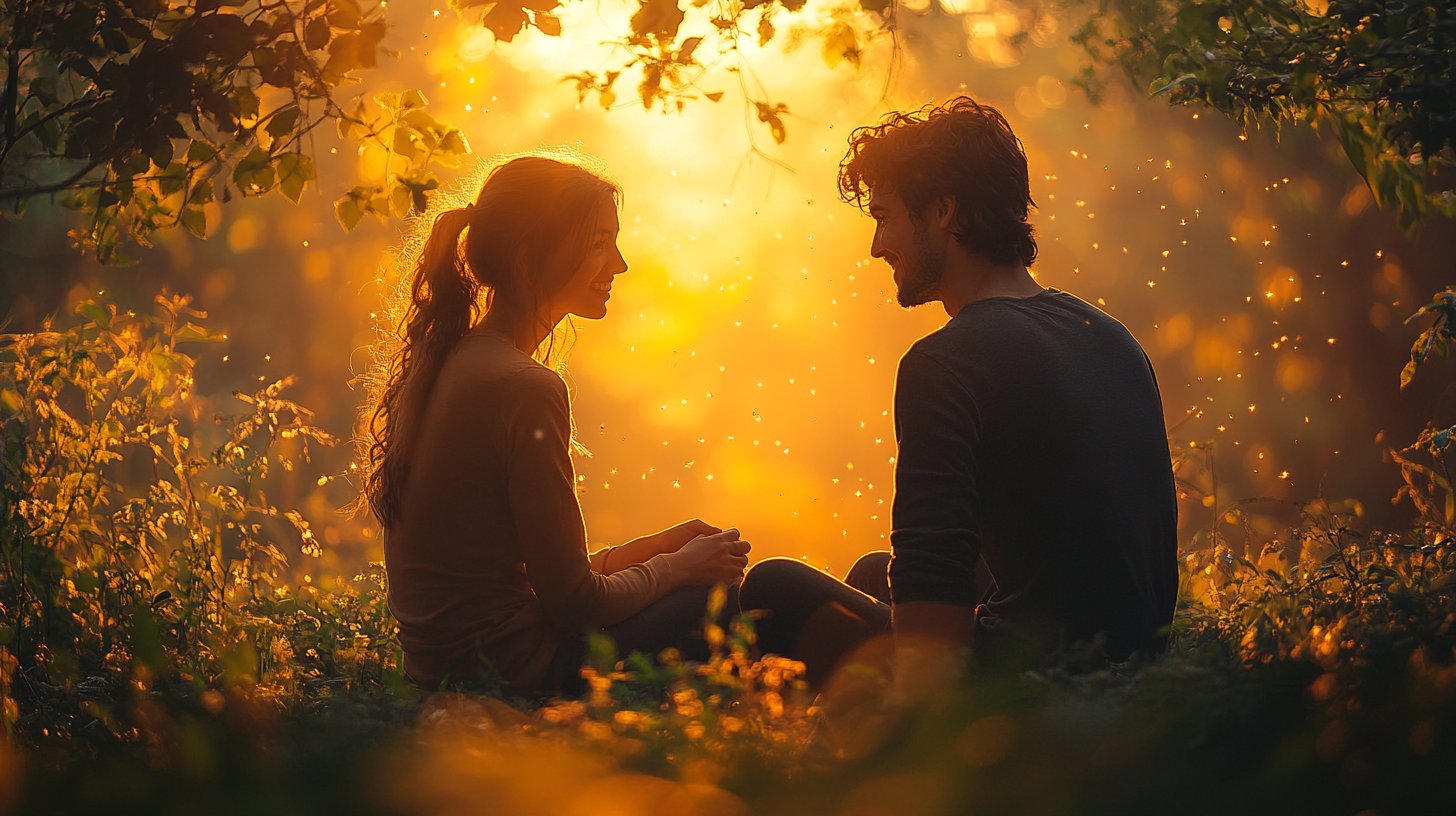 Ein Paar führt ein herzlichen Gespräch in der Natur.