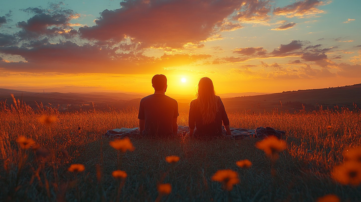 Ein atemberaubender Sonnenuntergang, während ein Paar ein Picknick genießt.