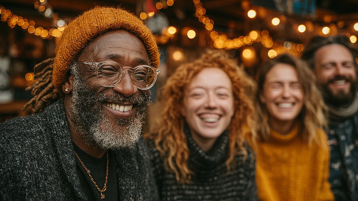 Eine Frau steht einsam am Rand, während hinter ihr Freunde lachen.