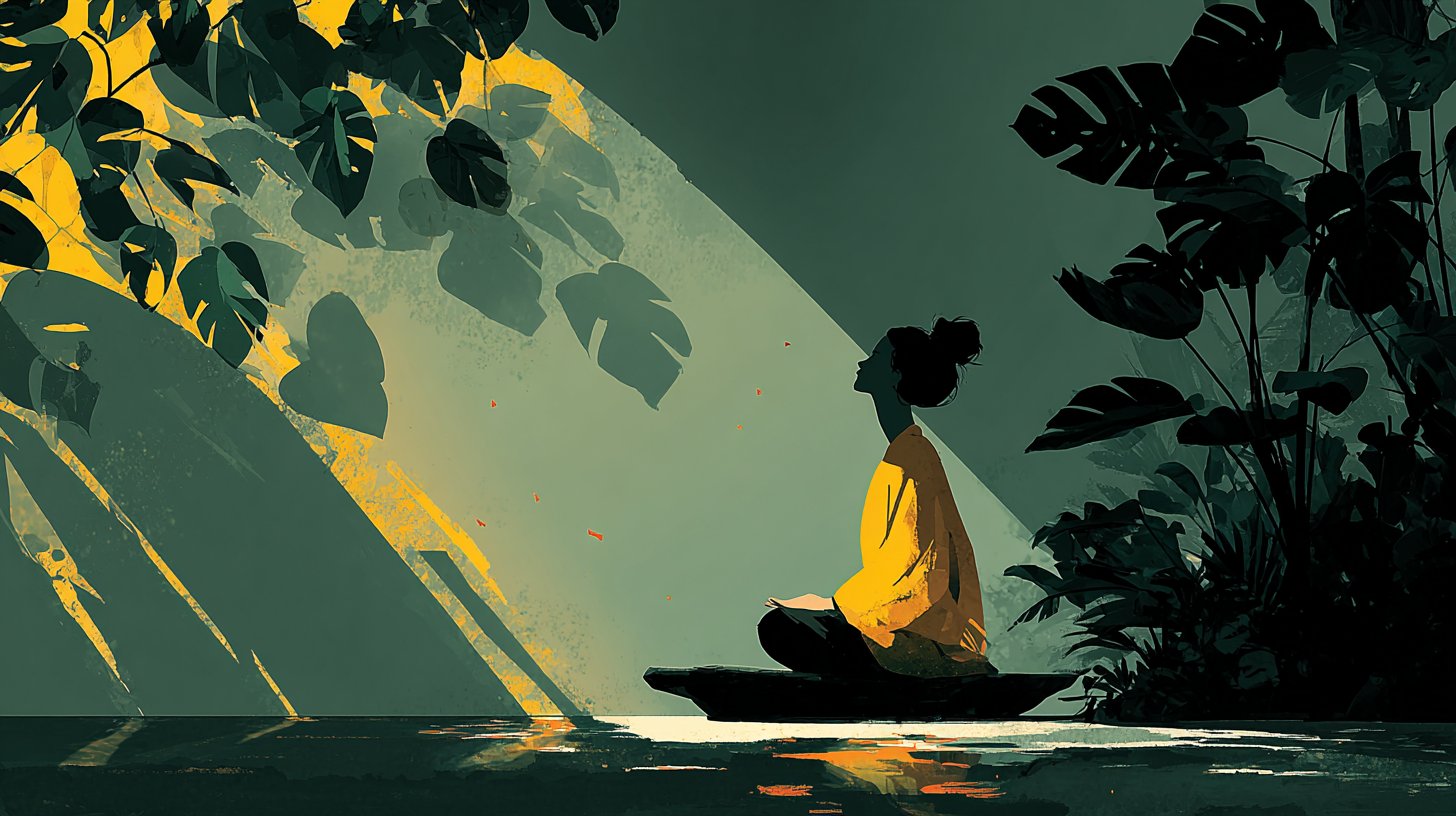 A calm scene with a person sitting by a serene lake.