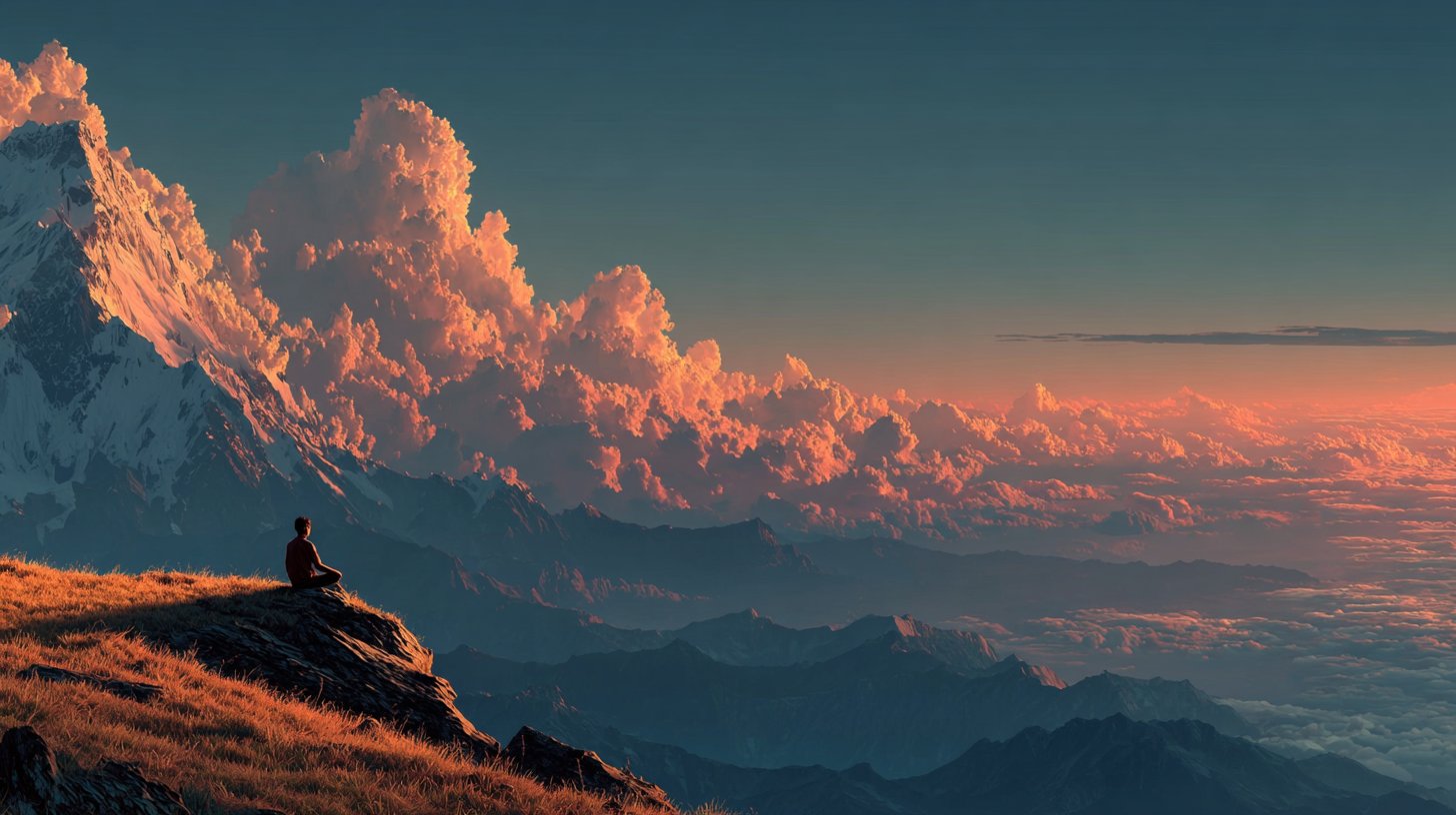 Eine Person steht stolz auf einem Berghgipfel und blickt in die Weite.