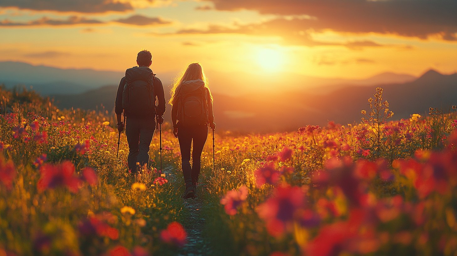 Ein abenteuerliches Duo wandert in einer atemberaubenden Landschaft.