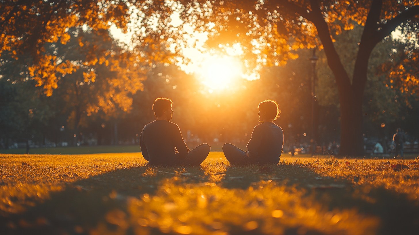 Ein respektvolles Gespräch zwischen Freunden im Park.