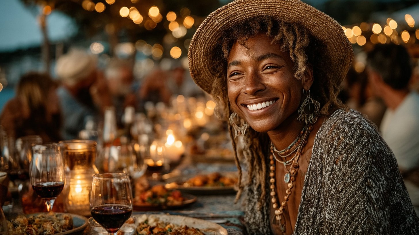 Eine friedliche Szene eines meditierenden Menschen an einem ruhigen See, der über seine Reise nachdenkt.