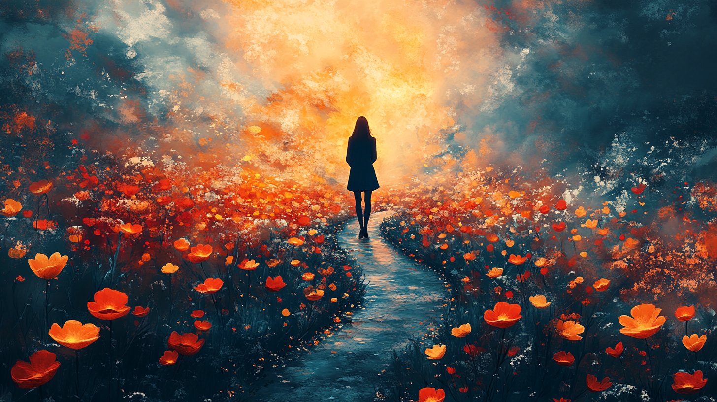 Una persona lascia indietro figure opache su un sentiero soleggiato.