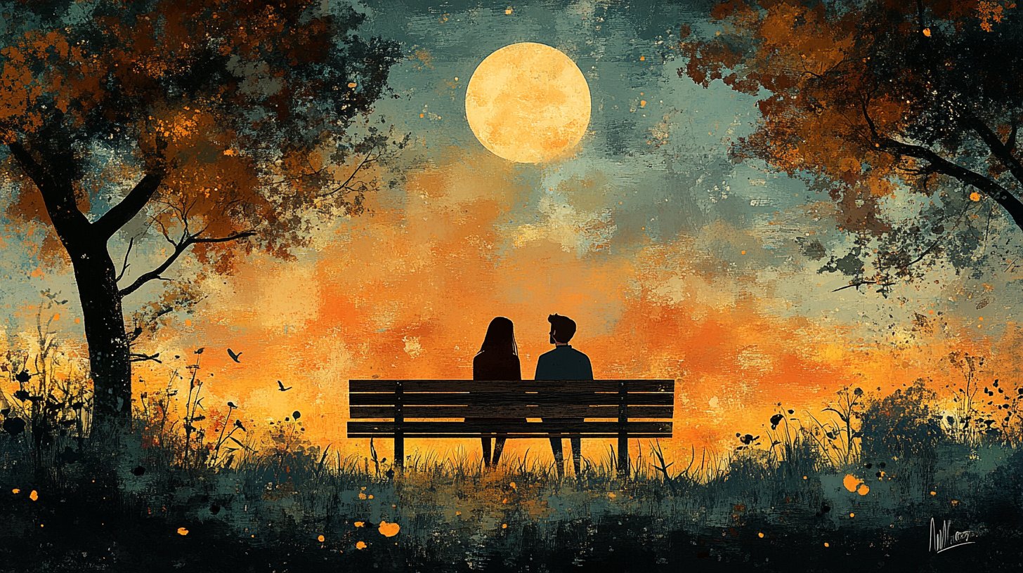 Deux personnes sur un banc au parc discutent profondément, entourées par la nature.