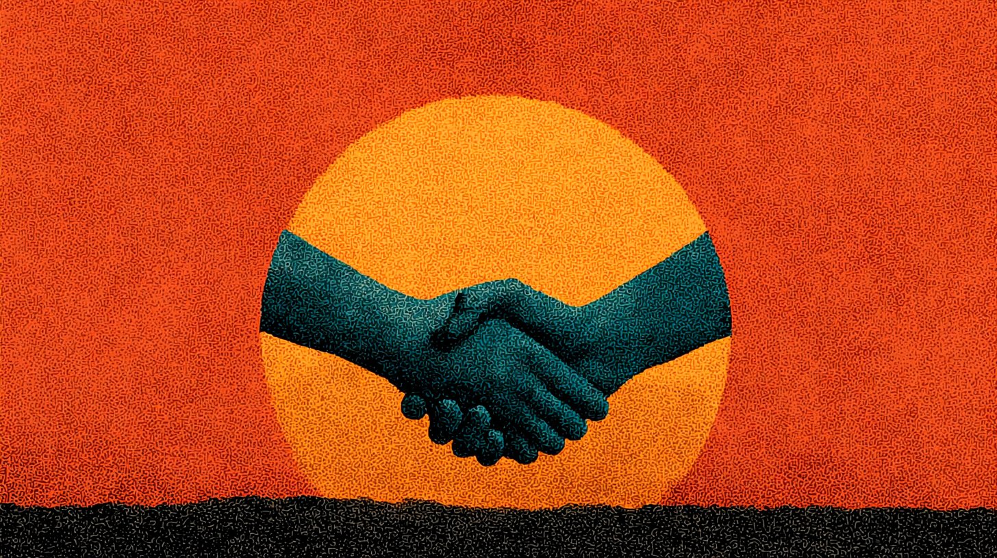 Apretón de manos al amanecer que simboliza la confianza.