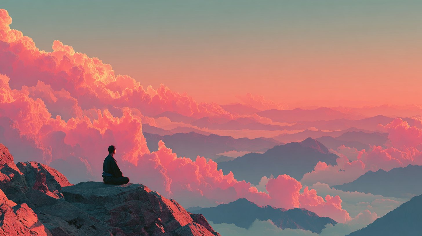 Figura meditando en una montaña que irradia autoconfianza.