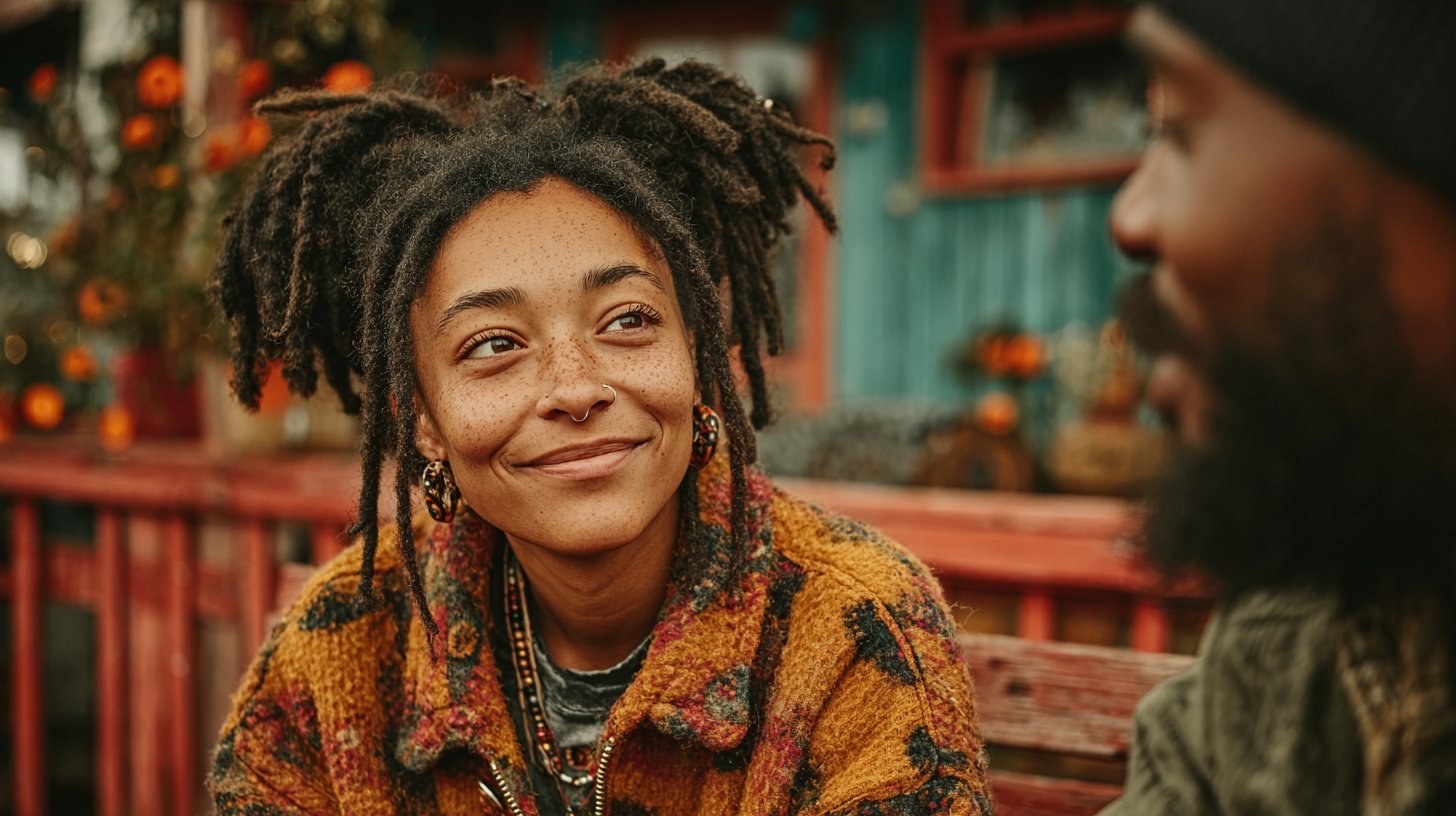 Gespräch zwischen Freunden auf einer Parkbank.