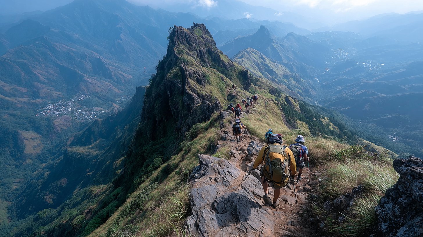Freunde wandern gemeinsam einen steilen Bergweg.