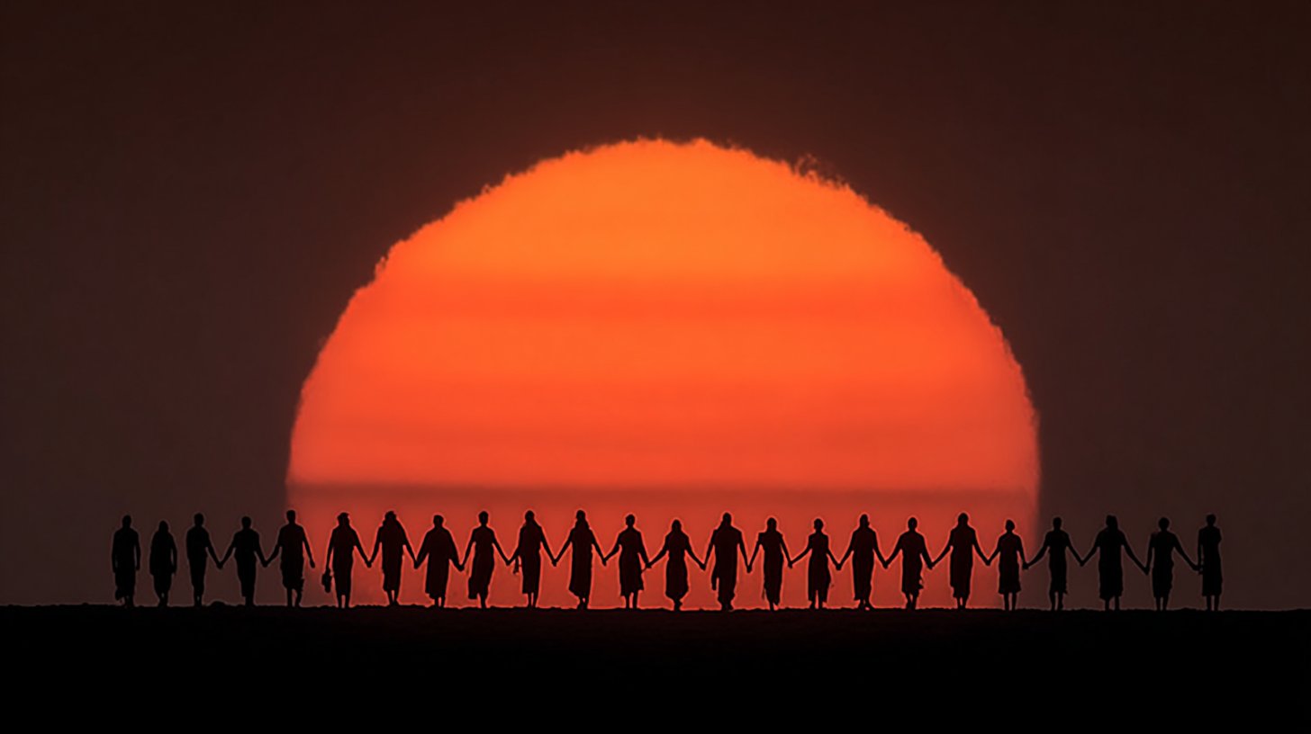 Freunde stehen Hand in Hand bei Sonnenuntergang.