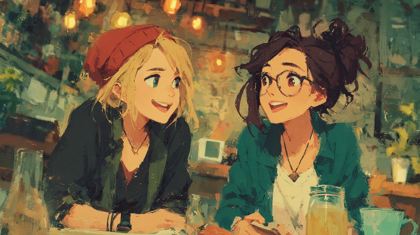 Two friends share a heartfelt moment in a cozy café.