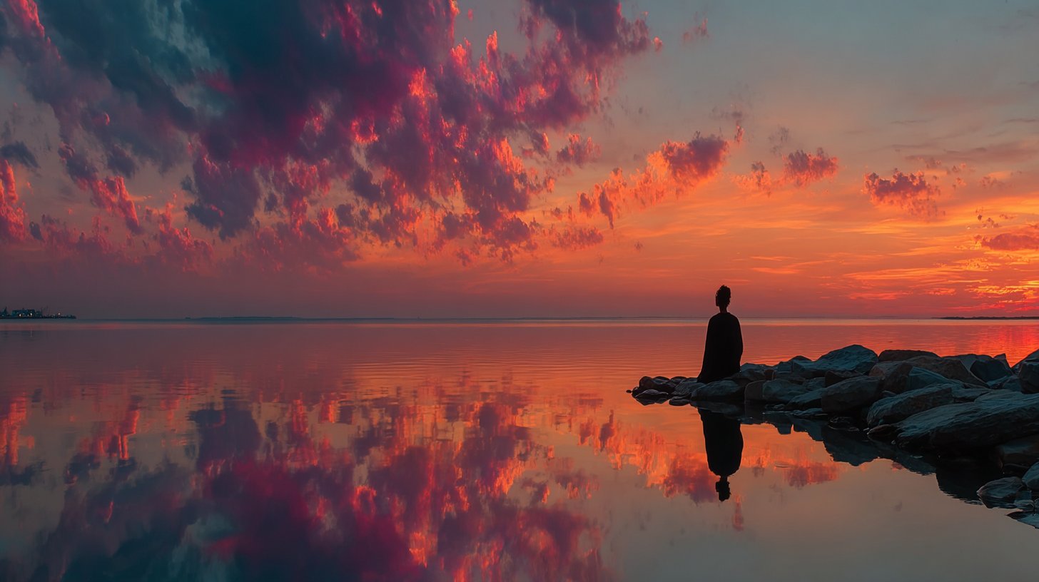 A person gazes at a sunset holding the hands of loved ones.