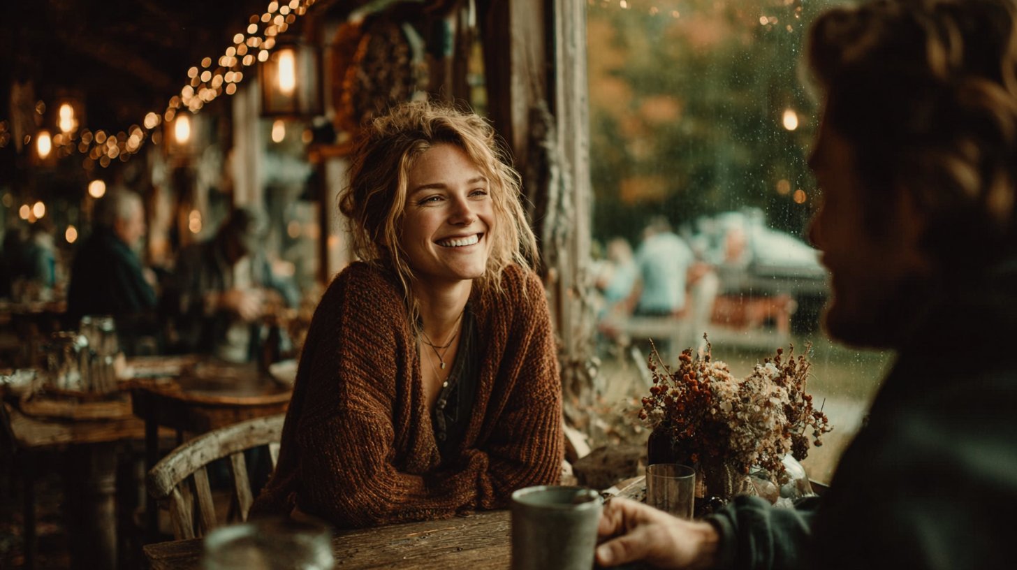 Zwei Freunde teilen ein Lachen über Kaffee in einem gemütlichen Café.