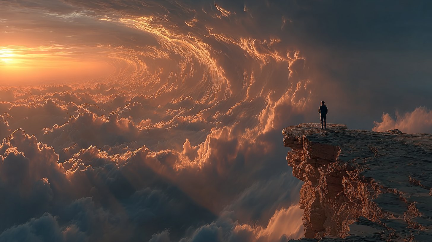 Eine Person steht am Rand einer Klippe und blickt auf einen weiten Horizont.