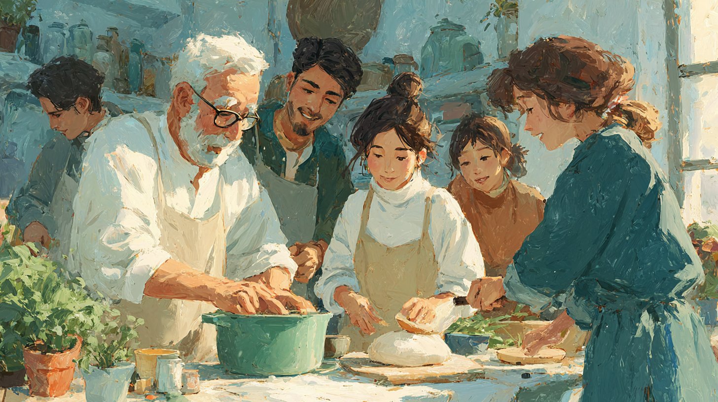 Una cocina acogedora llena de risas y cocina.