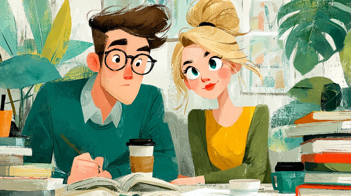 Una pareja estudia junta en una mesa acogedora.