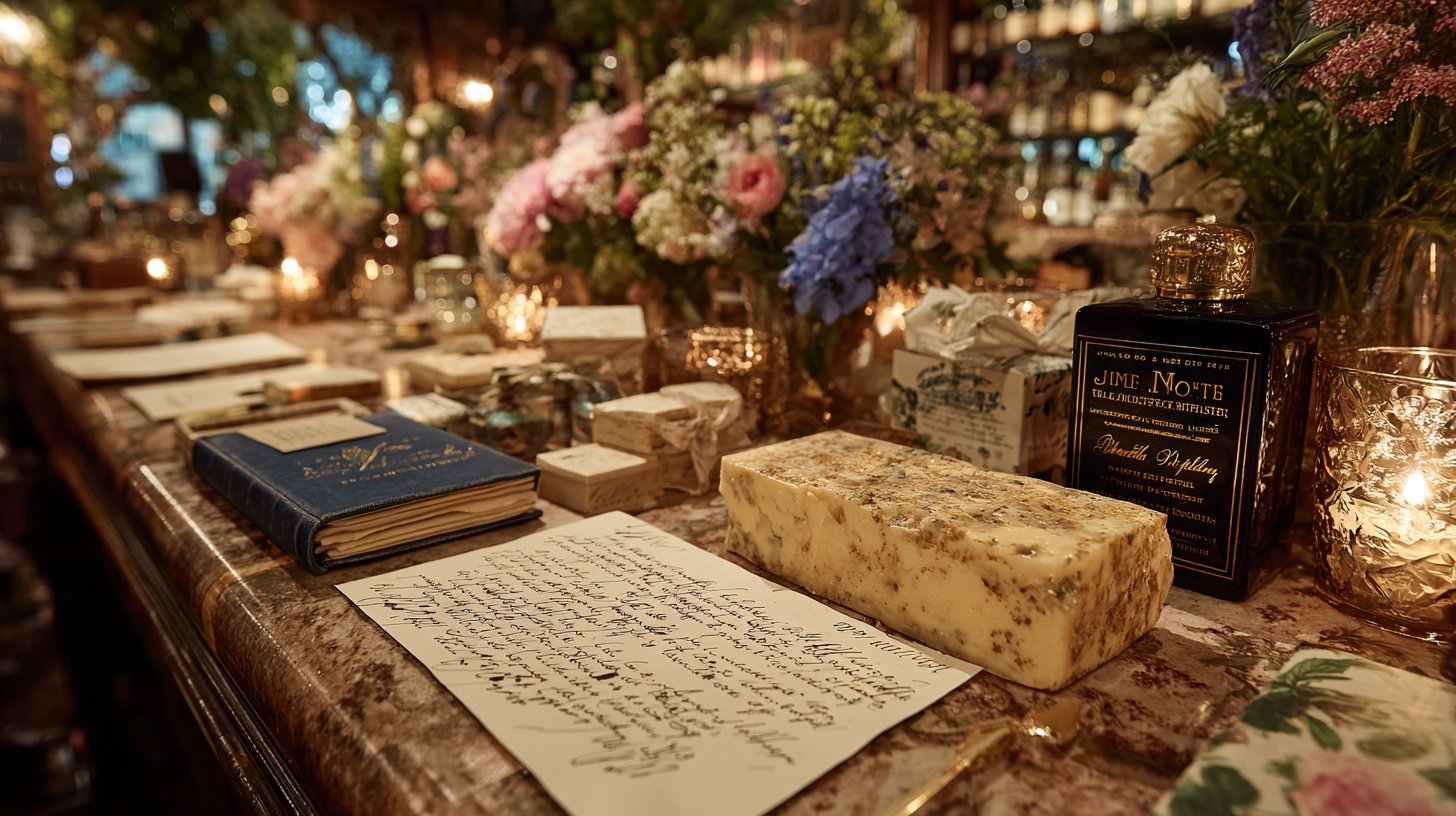 A beautifully set table with delightful surprises and fresh flowers.