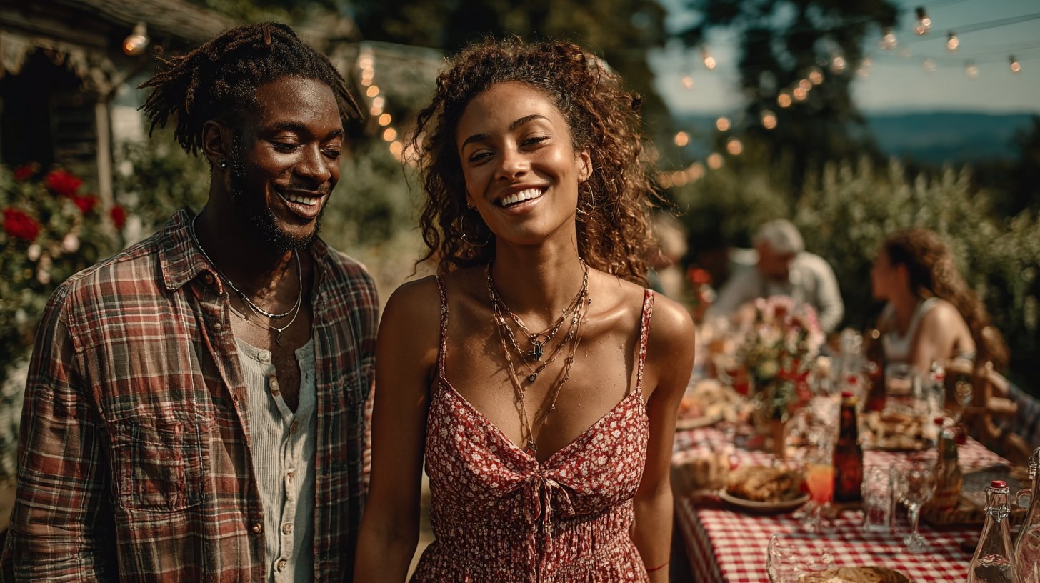 A couple enjoying time outdoors, walking hand in hand in a park.